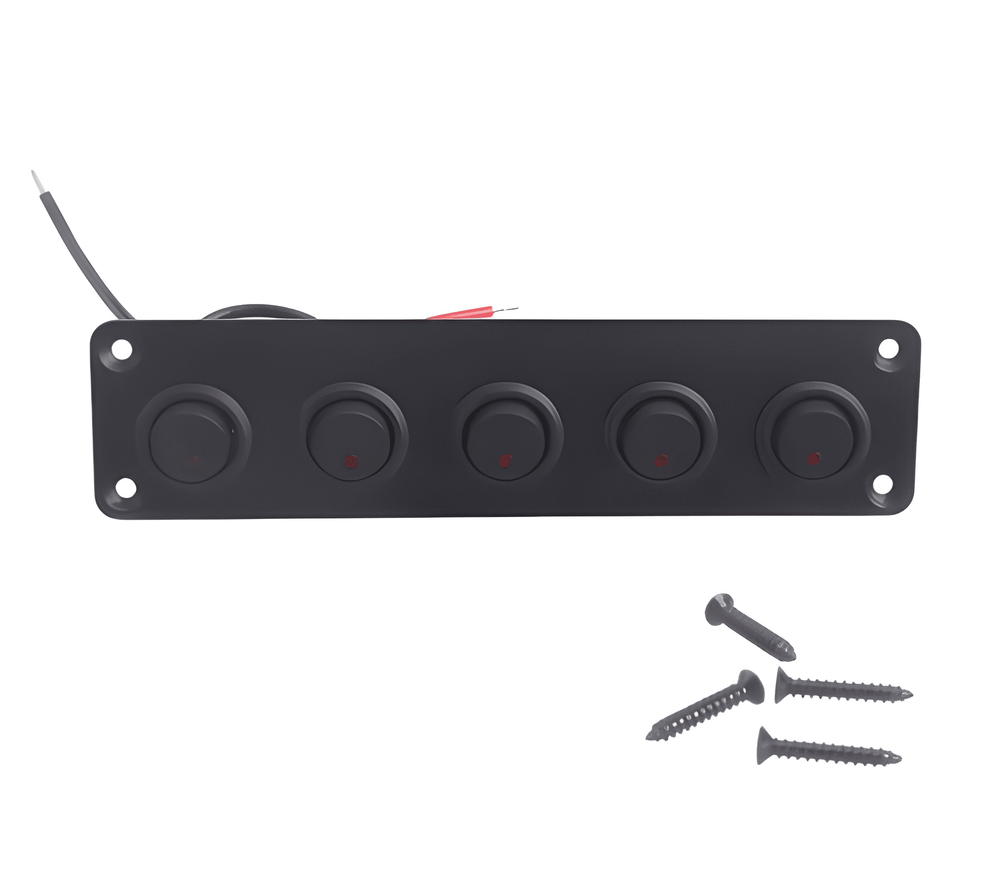 Frontal profile of the MURE 5-gang mini rocker switch panel in matte black, featuring integrated status indicators and four black mounting screws for a flush-fit dashboard finish.
