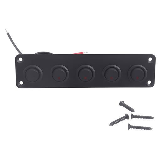 Frontal profile of the MURE 5-gang mini rocker switch panel in matte black, featuring integrated status indicators and four black mounting screws for a flush-fit dashboard finish.