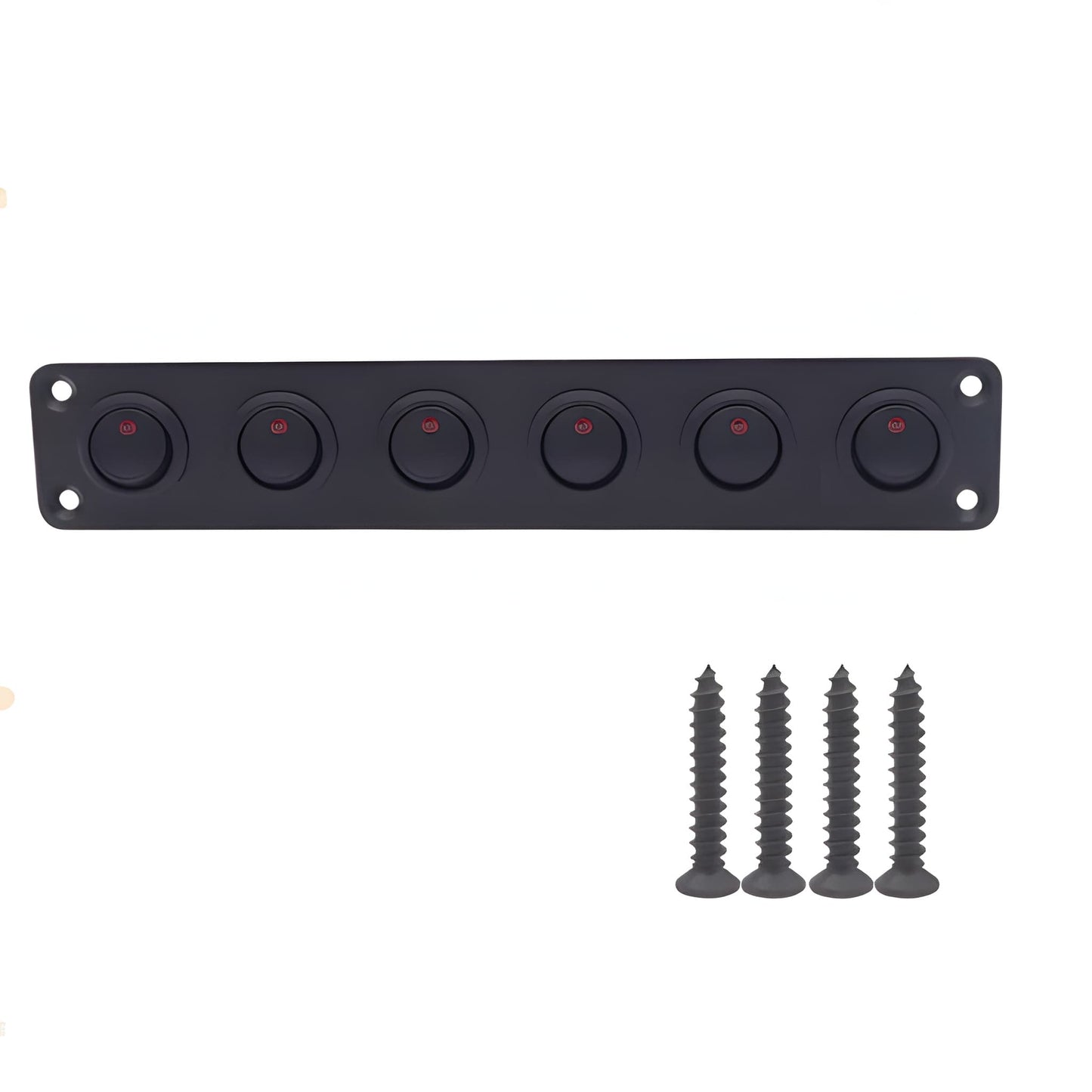 Front profile of a matte black 6-gang mini rocker switch panel featuring integrated red LED status indicators and four black mounting screws.