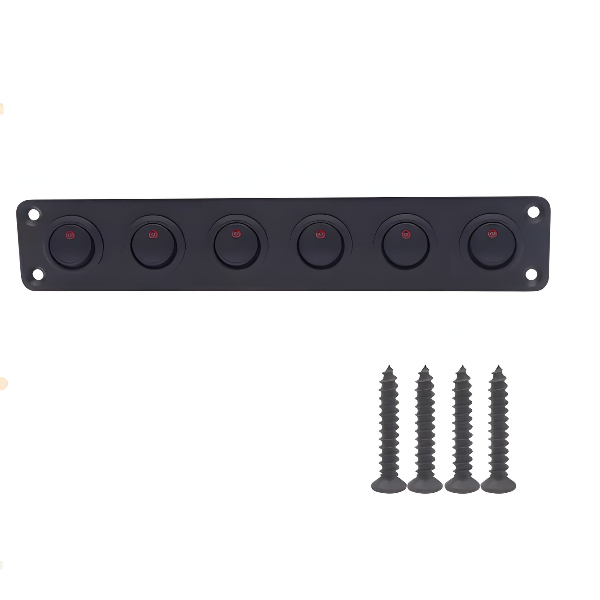 Front profile of a matte black 6-gang mini rocker switch panel featuring integrated red LED status indicators and four black mounting screws.