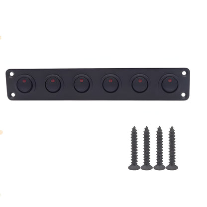 Front profile of a matte black 6-gang mini rocker switch panel featuring integrated red LED status indicators and four black mounting screws.