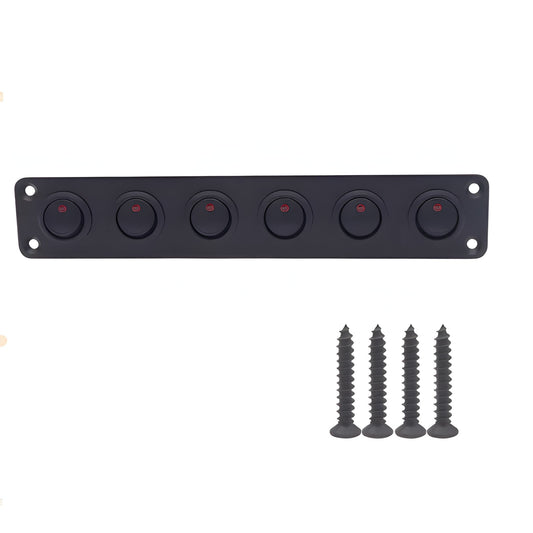 Front profile of a matte black 6-gang mini rocker switch panel featuring integrated red LED status indicators and four black mounting screws.