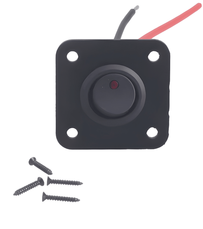 Black rectangular toggle switch panel with wiring and screws on a white background
