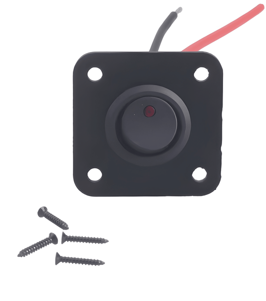 Black rectangular toggle switch panel with wiring and screws on a white background