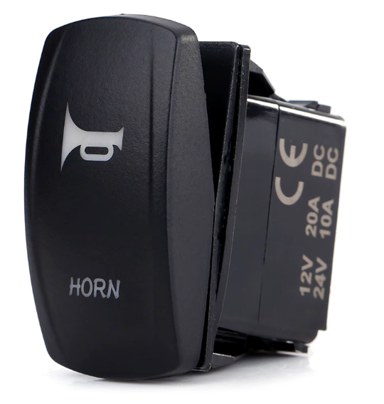 Black car horn switch with 'HORN' label and CE marking on a white background