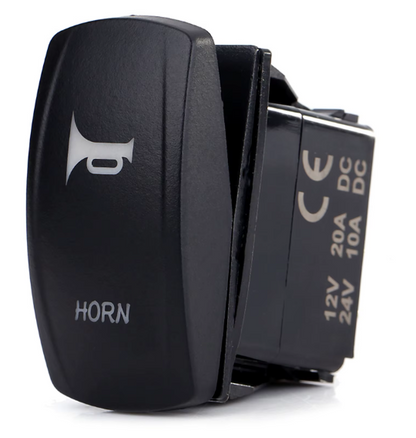 Black car horn switch with 'HORN' label and CE marking on a white background