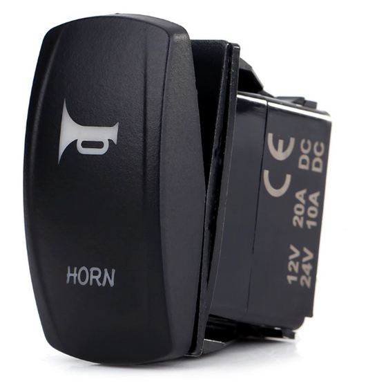 Black car horn switch with 'HORN' label and CE marking on a white background