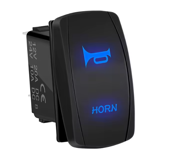 Black rocker switch with blue LED indicator for horn function on a white background