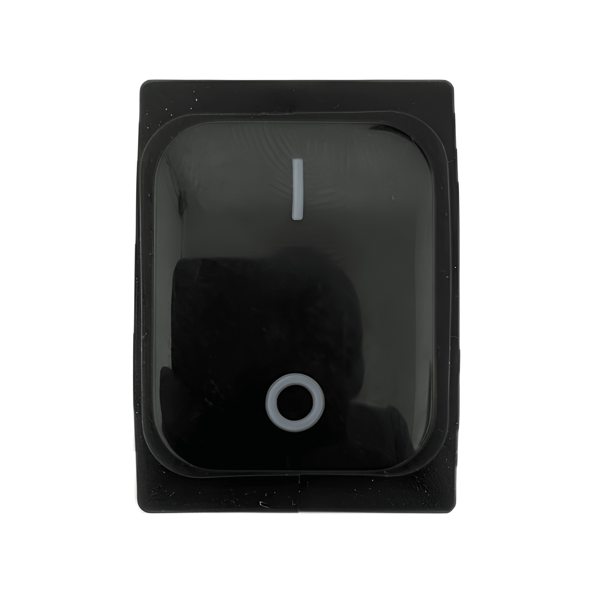 Front profile of the square black MURE SW89 rocker switch featuring a non-illuminated lens with standard vertical line (ON) and circle (OFF) markings.