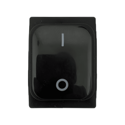 Front profile of the square black MURE SW89 rocker switch featuring a non-illuminated lens with standard vertical line (ON) and circle (OFF) markings.