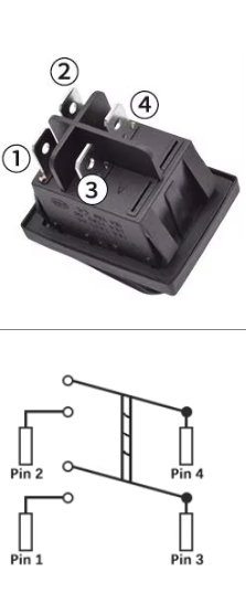 Black rocker switch with labeled pins and a corresponding diagram below.