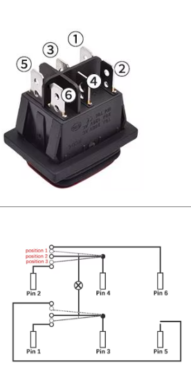 Black electrical switch with labeled pins and a wiring diagram below.