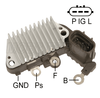 alternator voltage regulator with labeled pins on a white background