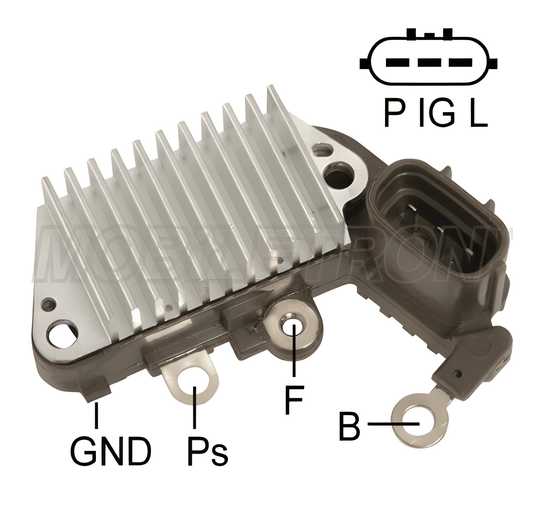 alternator voltage regulator with labeled pins on a white background