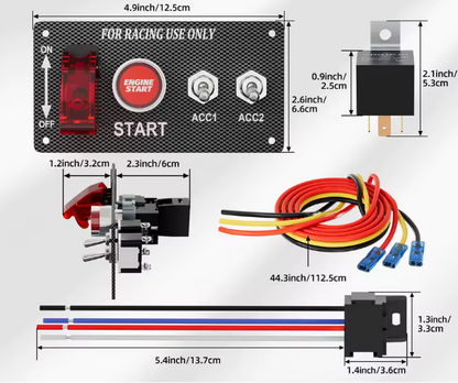 12V Carbon Fibre Engine Start Push Button & 3 Switch Ignition Panel with Relay Kit MURE SWP6003