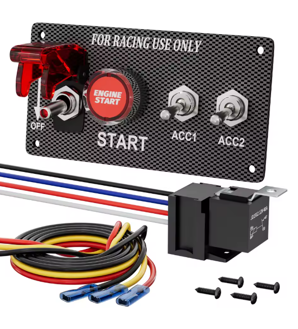 12V Carbon Fibre Engine Start Push Button & 3 Switch Ignition Panel with Relay Kit MURE SWP6003