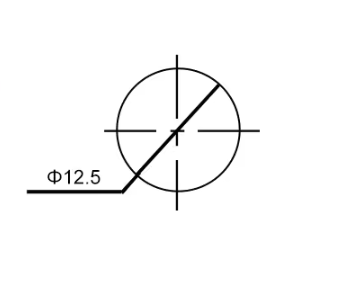A technical drawing showing a circle with a cross in the center and a diagonal line across the circle A line points to