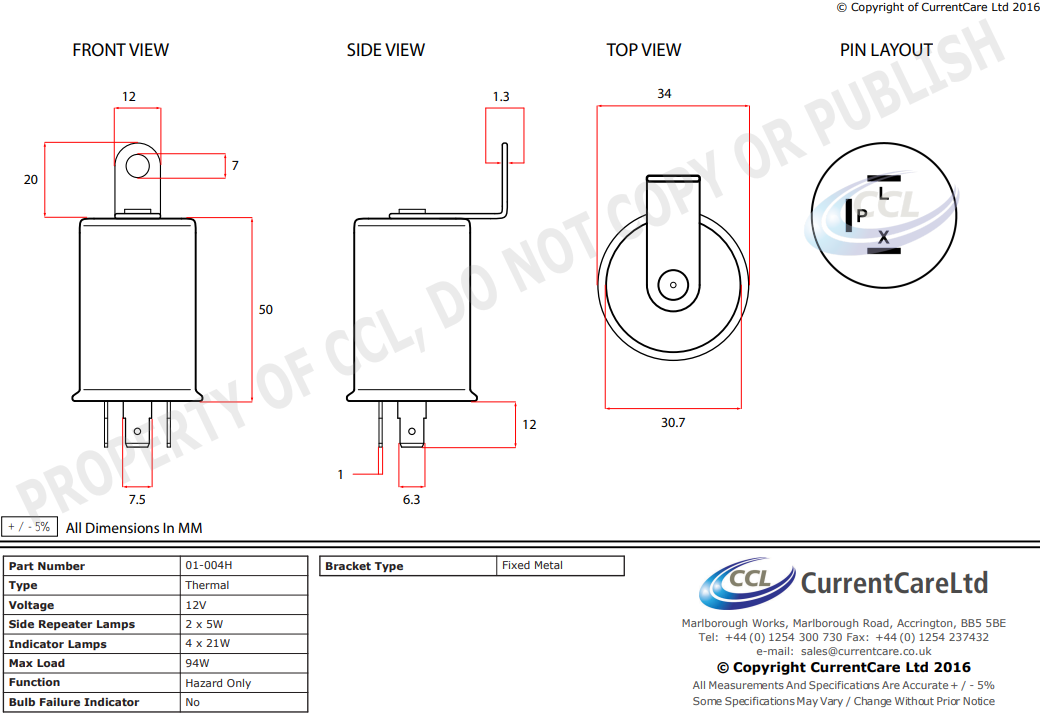 12V Max 94W 3 Pin Thermal Type Flasher Relay CurrentCare 01-004H