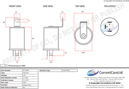 12V Max 94W 3 Pin Thermal Type Flasher Relay CurrentCare 01-004H