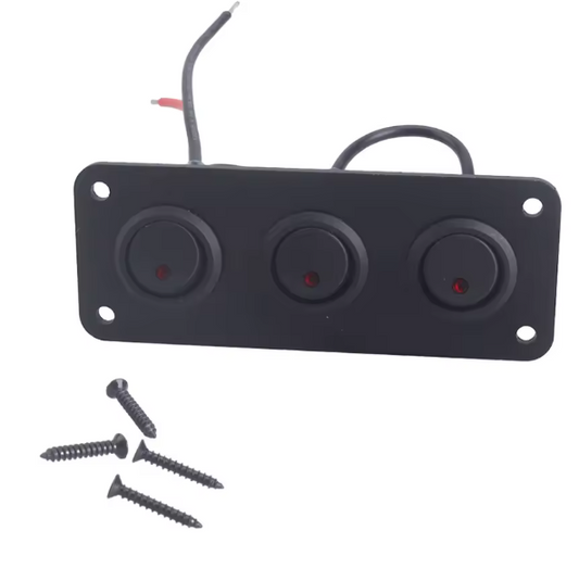 Black panel with three red circular switches and wiring on a white background