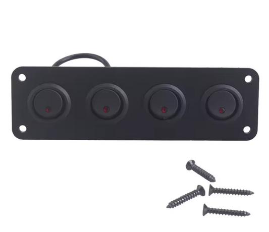 front view of 12V Mini Rocker 4 Gang Toggle Switch Panel ON OFF Red LED 10A MURE SPW4RLED