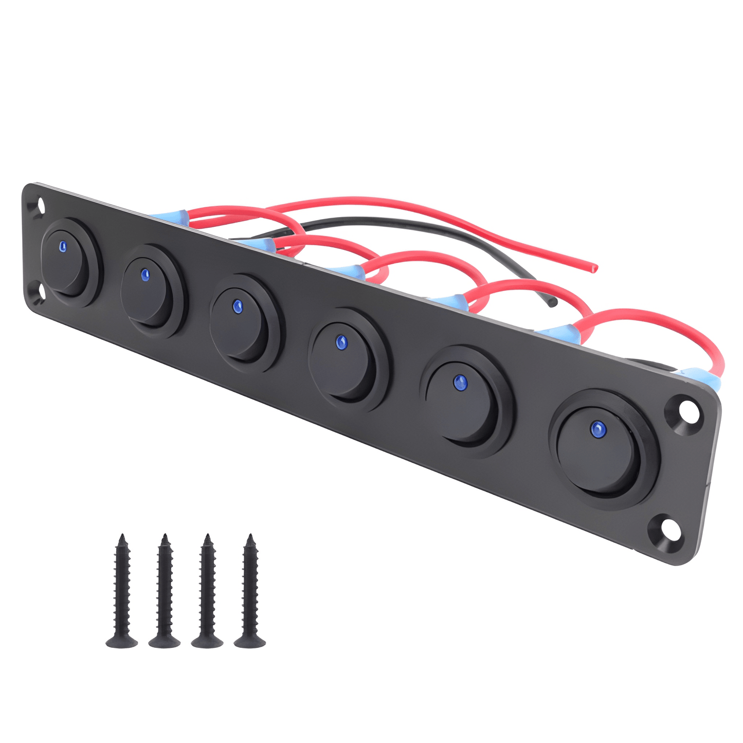 Three-quarter perspective of the 6-gang matte black toggle switch panel with integrated blue LED indicators and four black mounting screws included