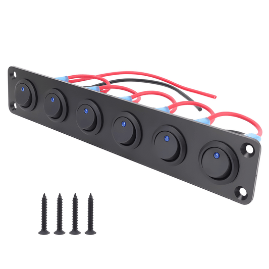 Three-quarter perspective of the 6-gang matte black toggle switch panel with integrated blue LED indicators and four black mounting screws included