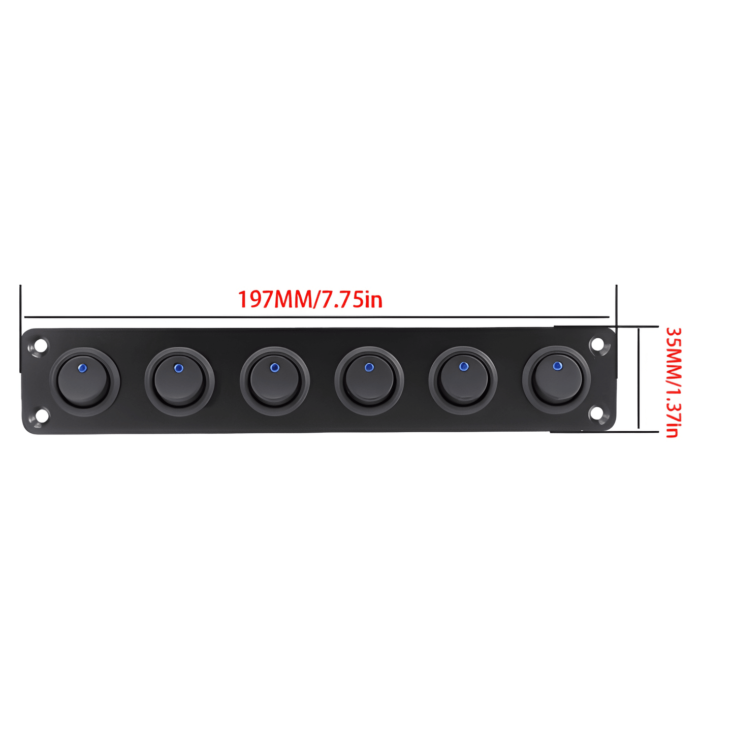 Technical dimension drawing of the 6-gang rocker switch panel showing a length of 197mm (7.75in) and a height of 35mm (1.37in).