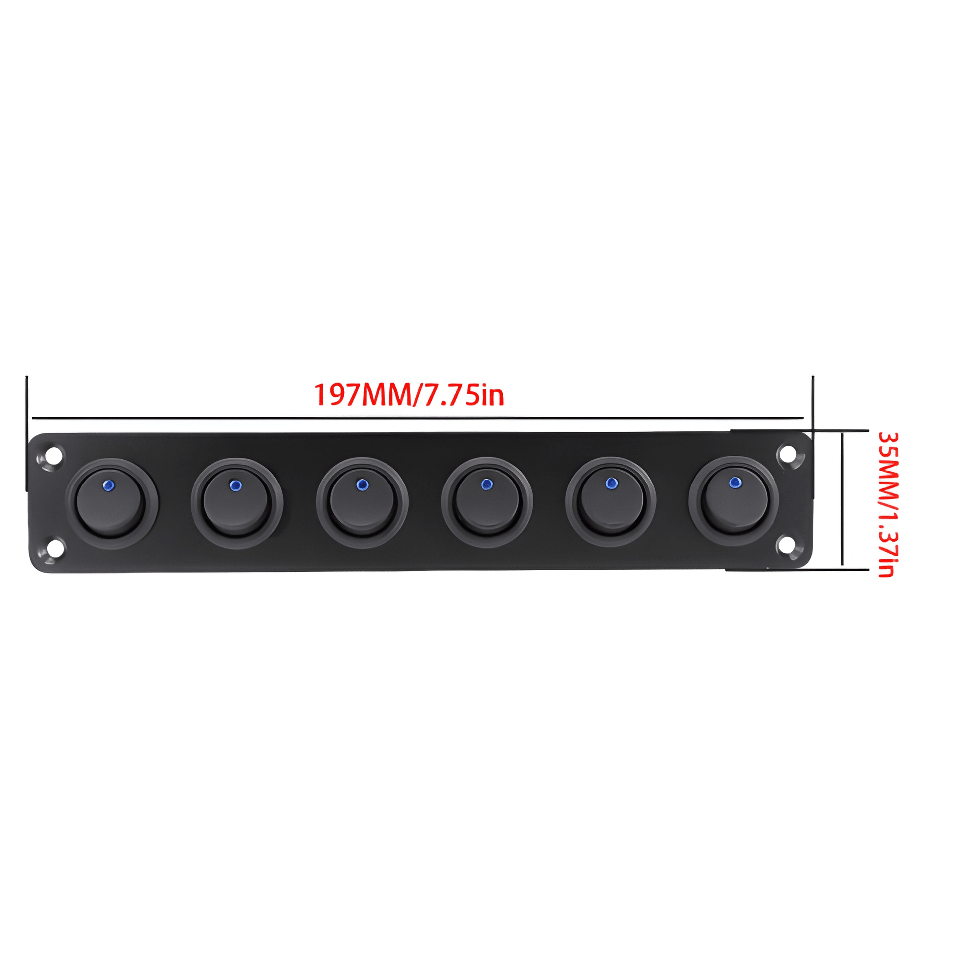Technical dimension drawing of the 6-gang rocker switch panel showing a length of 197mm (7.75in) and a height of 35mm (1.37in).