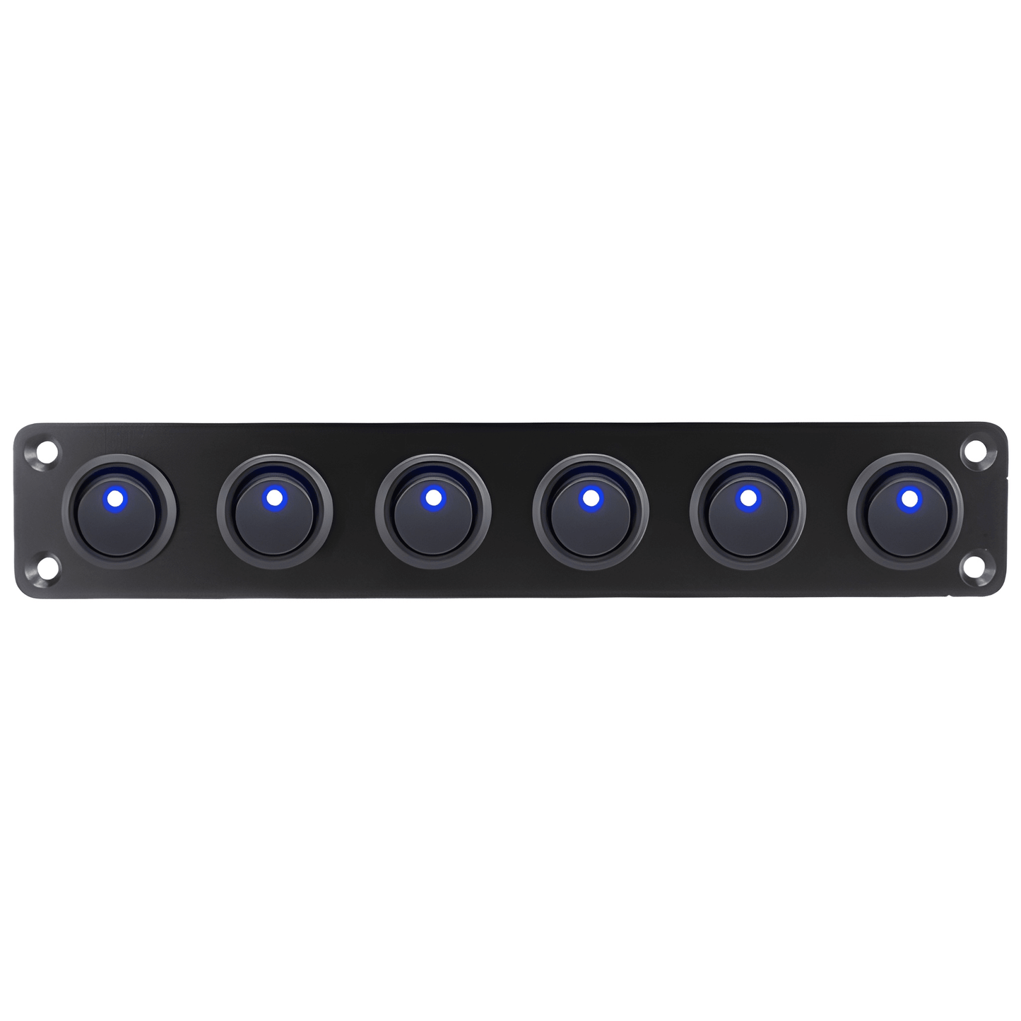 Frontal profile of the 12V 10A 6-gang mini rocker switch panel showing all six switches illuminated with high-intensity blue LEDs.