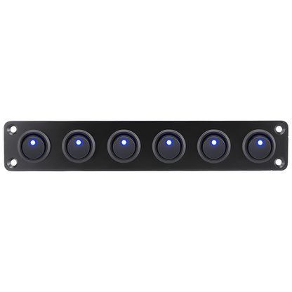 Frontal profile of the 12V 10A 6-gang mini rocker switch panel showing all six switches illuminated with high-intensity blue LEDs.