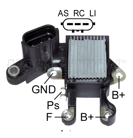 front view of a alternator voltage regulator on a white background with labels