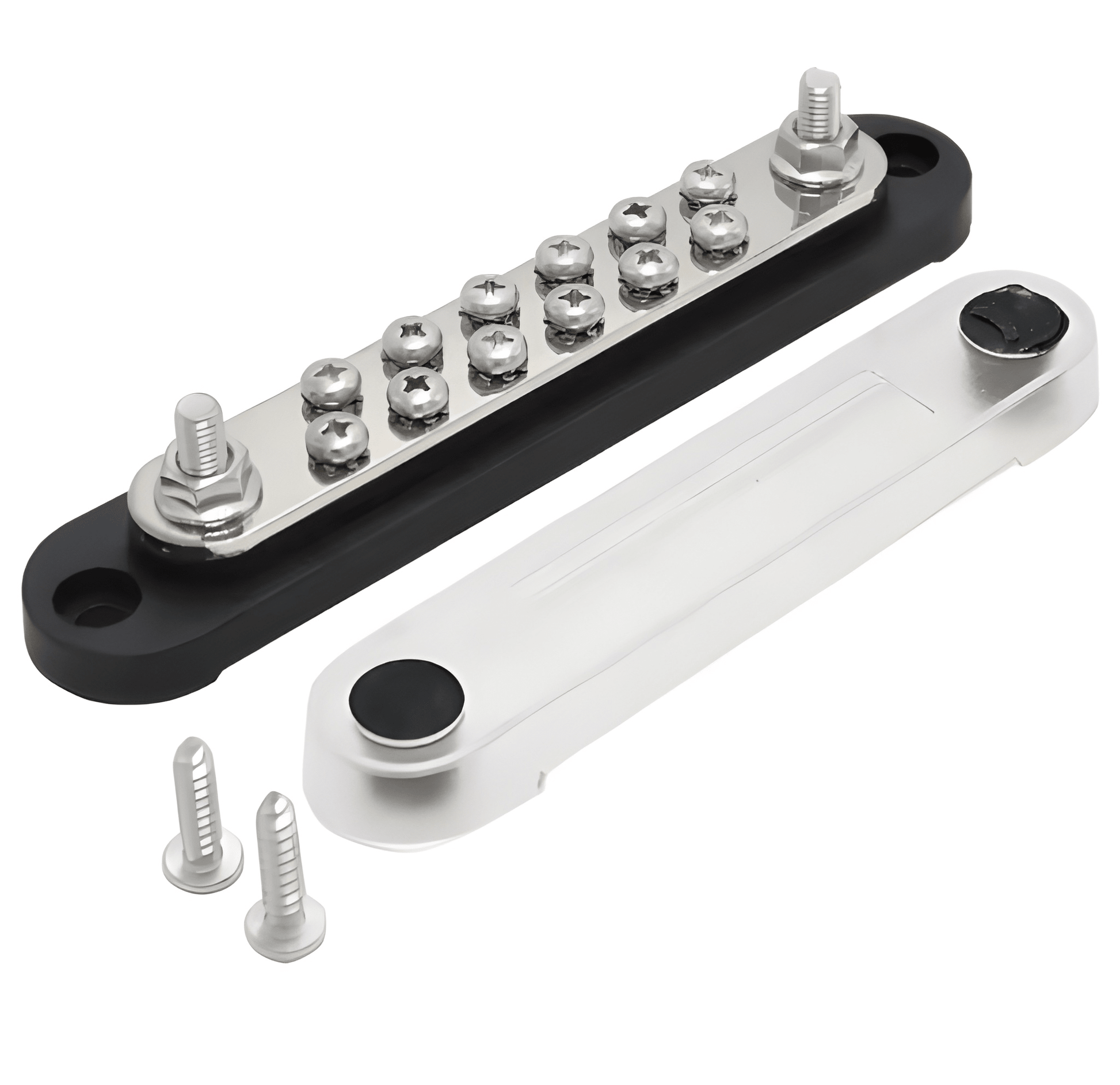 Three-quarter view of the MURE BB110DB 150A black distribution block featuring a 12-point double-row bus bar, twin power studs, a clear protective cover, and mounting screws.