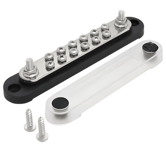 Three-quarter view of the MURE BB110DB 150A black distribution block featuring a 12-point double-row bus bar, twin power studs, a clear protective cover, and mounting screws.