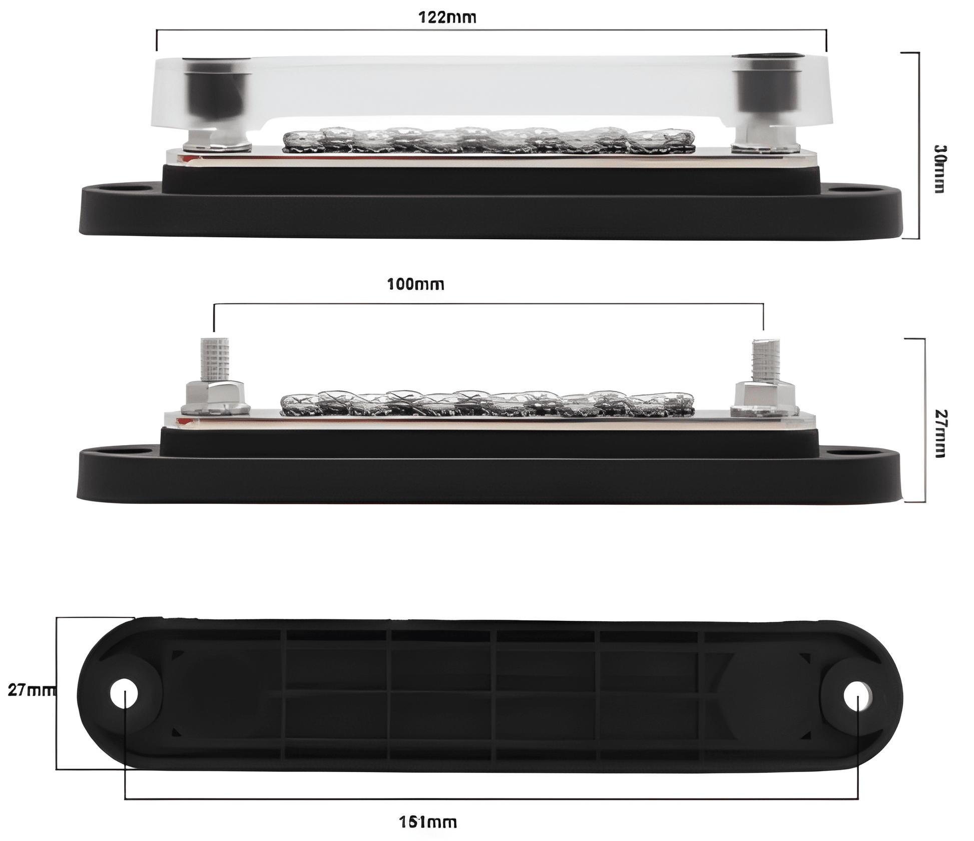 Technical specification diagram for the BB110DB highlighting key dimensions: 151mm total mounting length, 122mm cover length, and a low-profile 30mm height with the cover installed.