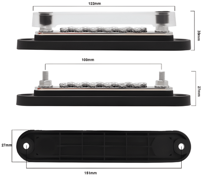 Technical specification diagram for the BB110DB highlighting key dimensions: 151mm total mounting length, 122mm cover length, and a low-profile 30mm height with the cover installed.