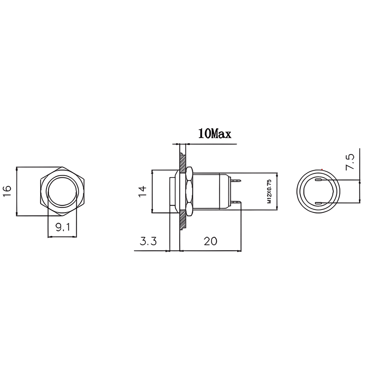 Technical drawing of the MURE 12mm high head black metal push button showing dimensions for self-resetting