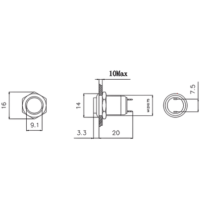 Technical drawing of the MURE 12mm high head black metal push button showing dimensions for self-resetting