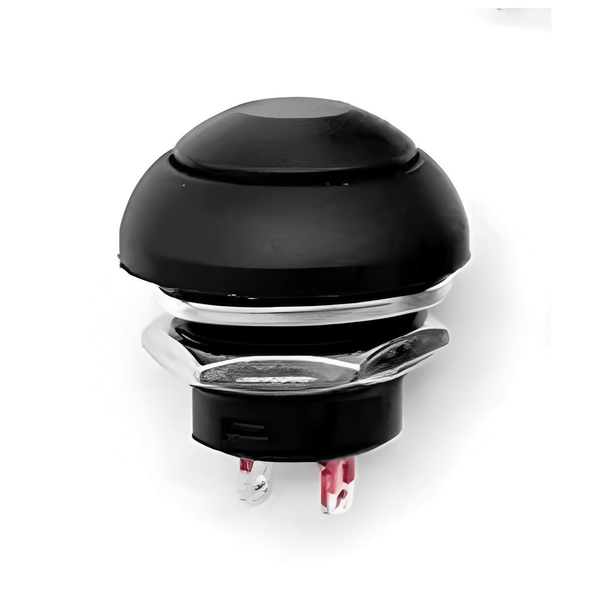 12mm black plastic momentary push button switch with round head 2 pins and chrome-colored base from M U R E