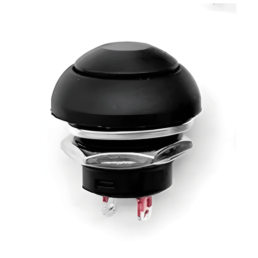 12mm black plastic momentary push button switch with round head 2 pins and chrome-colored base from M U R E