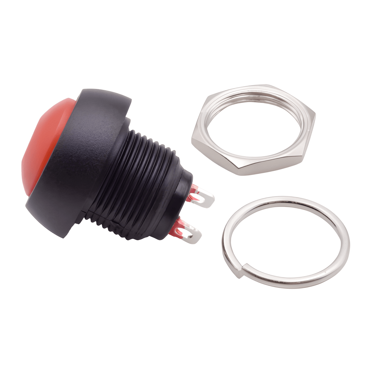 Red plastic momentary push button switch with 2 pins by MURE K5893R includes mounting nut and washer