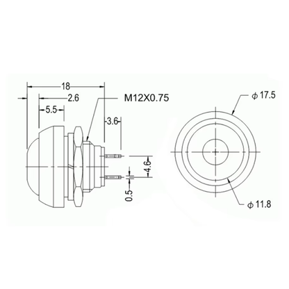 dimensions diagram for 12mm Small  Plastic Push Button Round Head ON OFF Momentary Switch 2 Pin K5893