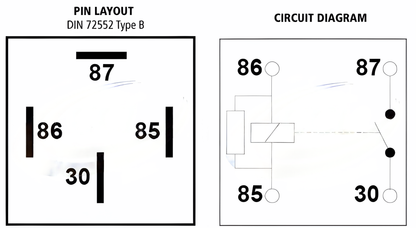 Detailed wiring and circuit diagram of 12V 40A mini relay with resistor suppression for vehicle electrical systems