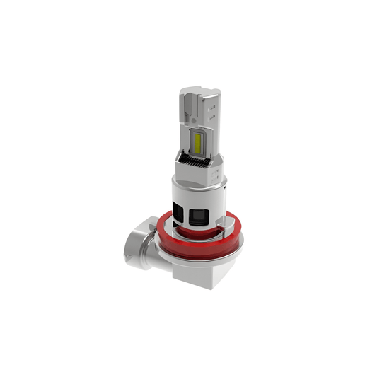 Car 12V headlight bulb with red and silver design on a white background
