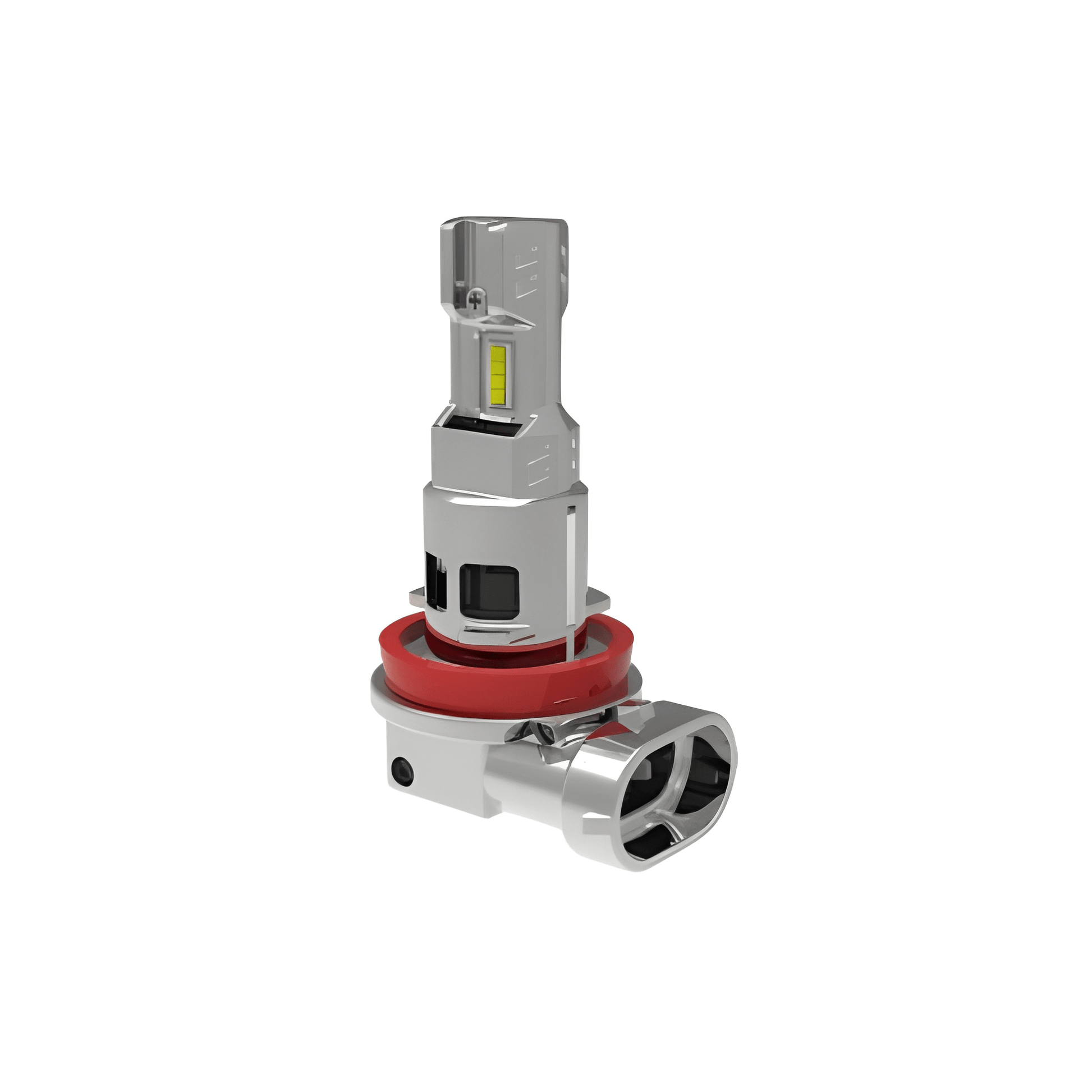 Car 12V headlight bulb with red and silver design on a white background