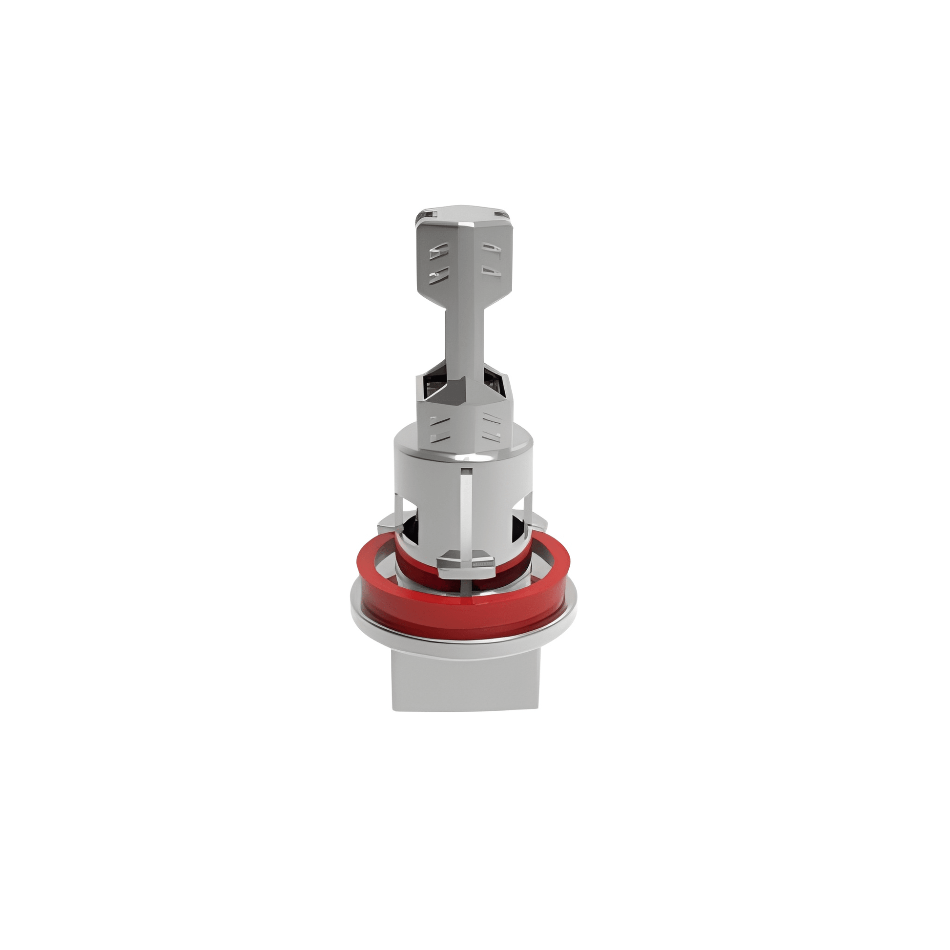 Car 12V headlight bulb with red and silver design on a white background