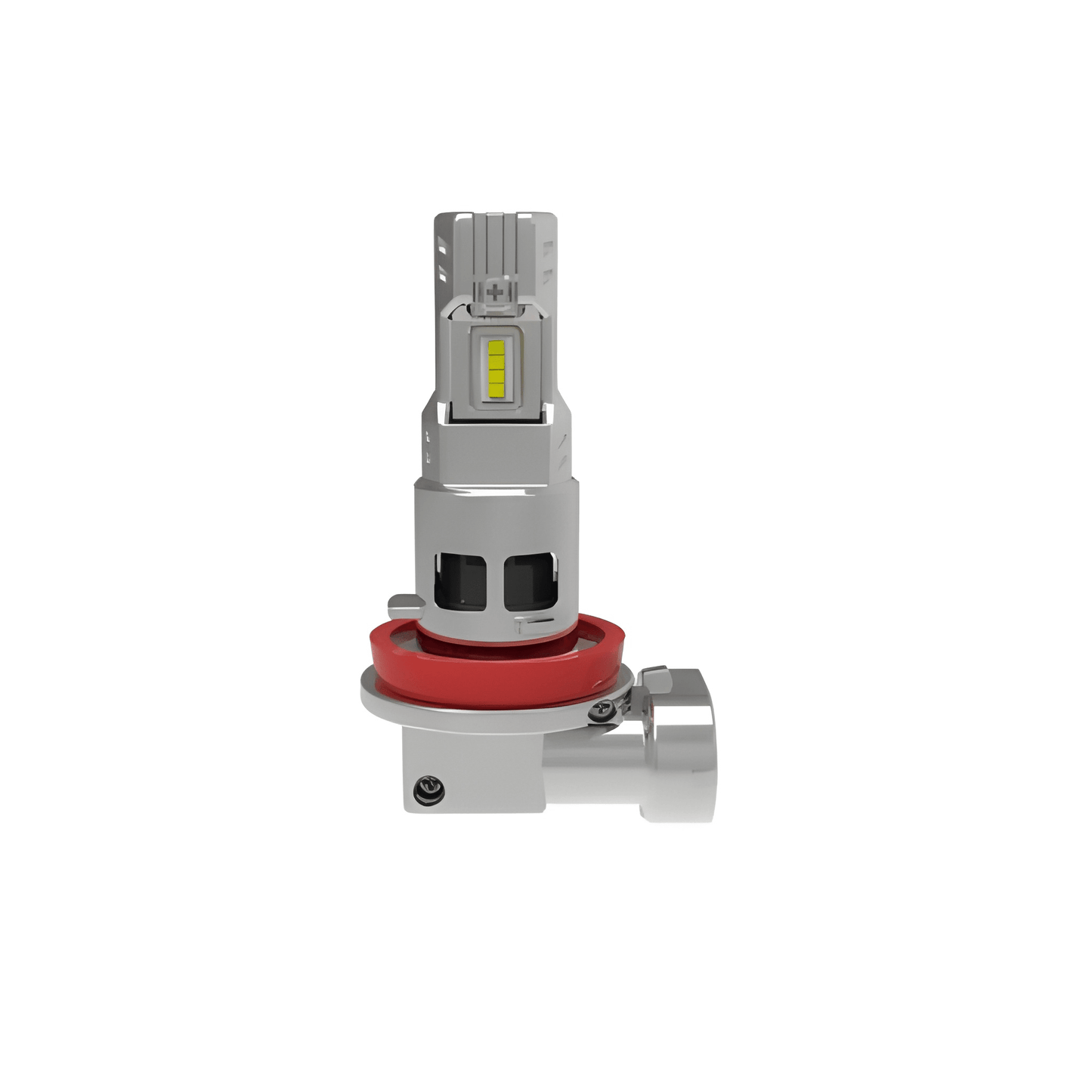 Car 12V headlight bulb with red and silver design on a white background