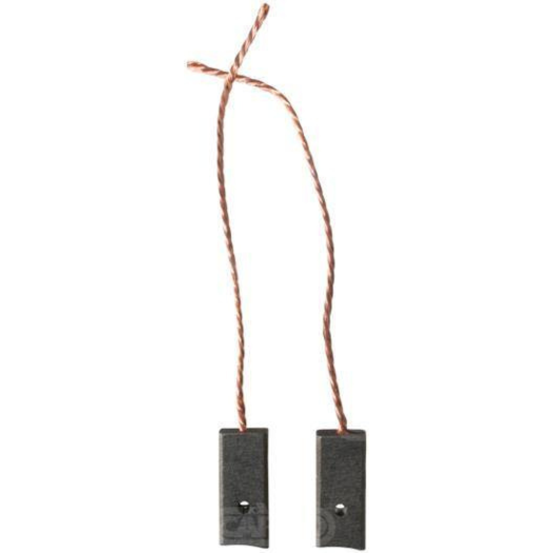 Two 12v alternator brushes on a string against a white background