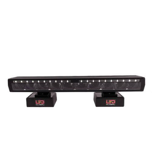 A 20 inch LED driving bar with white position light and amber strobe function, featuring a black casing and mounting bases.