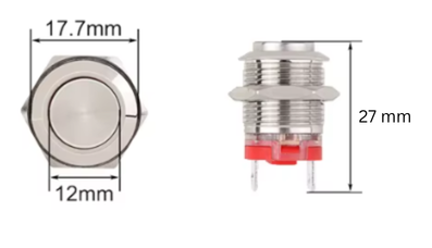 A metal push-button switch shown with dimension annotations: a top-down view labeled 17.7mm by 12mm, and a side view labeled 27mm